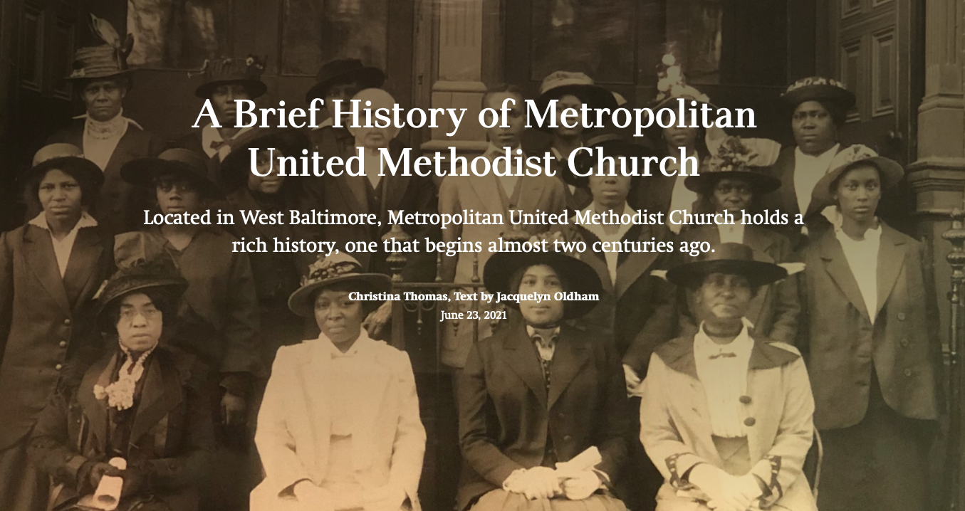 A nineteenth century group image of eighteen African American men and women pictured in front of a church.